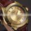 Gold Stainless Steel Case Auto Date Analog Genuine Leather Band Quartz Men Casual Watch