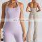 Ribbed Quick Dry Sports Clothing Halter Backless Flare Rompers Bodysuit Gym Fitness Jumpsuits One Piece Yoga Jumpsuit For Women