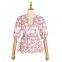 TWOTWINSTYLE Floral Tunic Tops Puff Short Sleeve V Neck Casual Blouse Shirt Women
