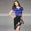 Ladies Crystal Beaded Necklace Design V Neck Tops Elegant Short Sleeve Slim Satin Mesh Patchwork Women Blouses 2016 Summer