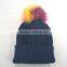 Myfur Navy Color Adults Winter Wool Beanie with Raccoon Fur Pompom Top