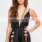 Black Satin Embroidered Teddy Split Hem Women Nightwear Sexy Strap Pyjama Set Halter Back Sleepwear