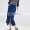 2017 Denim Midi Wrap Skirt With Raw Hem in Dark Wash Blue