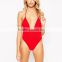 hot sexy photo lady swimwear deep plunge halter neckline backless plain red one piece swimsuit