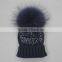 Myfur Navy Knitting Beanie Hat With Stones Real Raccoon Fur Ball Top For Teenager Boys