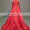 Real Photo High Neckline Satin Appliques Beaded Red Muslim Evening Dress Long Sleeve