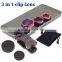 2016 New Promotiona Universal 3 in 1 Cell Phone Camera Lens Kit - Fish Eye Lens / 2 in 1 Macro Lens & Wide Angle Lens / Universa
