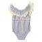 Wholesale solid gray baby clothes with cream lace ruffle baby romper