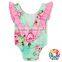 Fancy Sweet Mint Aqua Floral Dancing Leotards with pink ruffle and back bow rompers