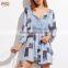 2017 Sexy Ladies Vintage Beach Dresses Blue Tribal Print Crochet Front Tassel Tie Neck Dress HSD7607