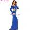 Gold Lace Applique Royal Blue Long Sleeve Vintage Prom Dress