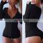 Wholesale sexy Deep v-neck button close rib stretach fabric long sleeve rompers bodysuit for womens