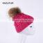 Fashion Fuchsia winter fur hat wool knitted beanie hat with fur pompoms on top KZ160075