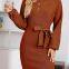 New Knit Solid Color Slim Women's Long-sleeved Bag Hip Off-shoulder Dress