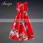 2015 summer new slim short sleeve modest round neck with floral print red wedding dress