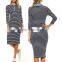 OEM Stylish Casual Wear STRIPE KNIT Bodycon Midi Dress WITH DENIM COLLAR TRIM