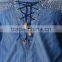 latest design off shoulder smocking chambray woman tops