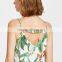 Hot design floral print sexy top, ladies V neck silk short tan top