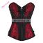 Stud and Faux Leather Trim Zip Front Lacing Strappy Red Brocade Sexy Corset