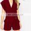 Fashion style wrap front rompe with D-ring belt red v- neckline women jumpsuits