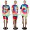 Wholesale women tie dye and printing 2 two piece bodycon outfit T shirt and short sets