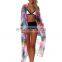 Women Beach Vacation Swimsuit Cover Up Rainbow Colored Feathers Digital Printed Open Front Kimono Semi Sheer Maxi Robe dress