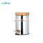 Bamboo Lid Trash Bin and Toilet Brush Set  Round Shape Pedal Soft Close Silver Stainless Steel