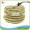 Blue Stone Mix Gold On Beige Leather Wrap Bracelet