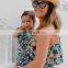 green Leaf full Print One Shoulder Mini Dress Mother Daughter Beach Dresses Mother and daughter clothes Family Look