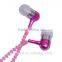 high quality colorful zip earphones zipper earphone for your mobile phone