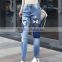2017 summer latest mid waist straight leg loose denim jeans embroidery patches casual denim pant for women