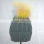 Myfur Grey Color Winter Striped Knitting Cap With Customized Big Fur Pom Pom