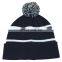 Men's striped flat embroidery knitted beanie hat with pom pom