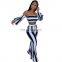 Fashion Women Two Piece Flare Top And Pants Stripe Tracksuit Set