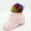 Women pink faux leather hat with 15cm raccoon fur pompoms New design colorful sport snapback baseball caps