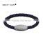 Wholsale mens blue leather bracelet for chrismas, stainless steel bracelet hammerfinish magnetic clasp jewelry