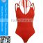 Hot sell deep V type simple red color style young girls sex one piece swimwear