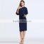 2016 Summer Latest Fashion Women Midi Dresses Ladies Round Neck Half Sleeve Waist Belt Bow Royal Blue Slim Bodycon Pencil Dress