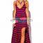 2015 latest new casual dress designs navy glue wine red stripe deep V neck high low slit summer maxi sun dress