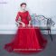 Half Sleeves Bridesmaid Dresses Tulle Lace Applique Sash Lace Up Back Sheer Illusion Red Long Wedding Event Dress Brides Maid