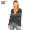 Frilled wrap design chic long sleeve black peplum blouse for women