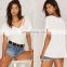 2017 Summer high quality women plain white t-shirt with slit at neck