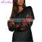 Drop Shipping Black Splicing Round Neck Embroidered Long Sleeve Flower Long Dress