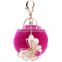 Promotional gifts rhinestone butterfly keychain with violet rabbit fur ball
