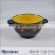 Ceramic stoneware soup bowl with handle with handprinted flowers