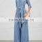 Wholasale Women Apparel Casual Waist Tie Blue Wide-leg Chambray Jumpsuit(DQE0125J)