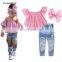 Children's clothing ins summer girl's meat powder one-shoulder top + ripped jeans headwear suit