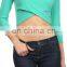 Solid color V-neck 3/4 length sleeve surplice cropped top.