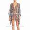 Airy silk digital print cover up short kaftan with tasseled ties