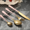 Elegant Stainless Steel Matte Gold Plated Dinner Fork Spoons Knife Flatware Set With Red Colored Handle